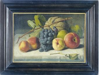 Still life of grapes, a melon, peaches and apples on a table